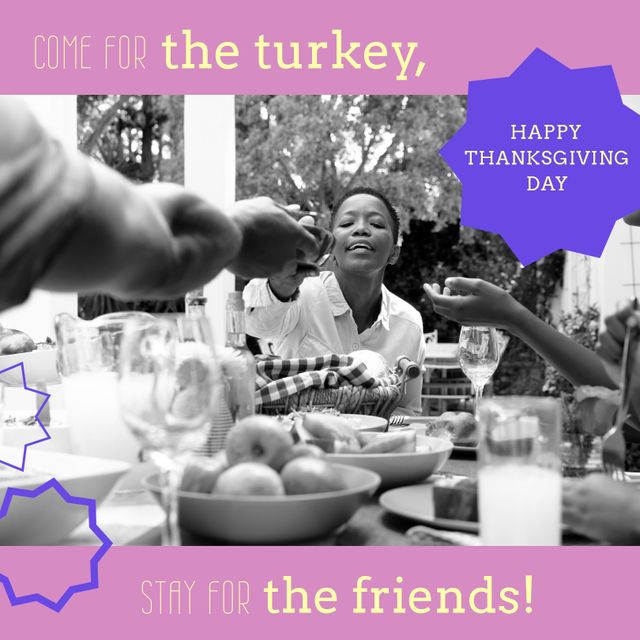 Composition of happy thanksgiving day text over african american family having dinner. Thanksgiving day and celebration concept digitally generated image.