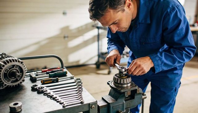 Automotive mechanic tightening bearing in bench vise using socket wrench in garage workshop
