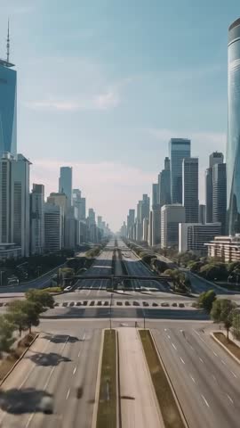 Vertical aerial glide along central boulevard revealing modern skyscraper-lined overpass