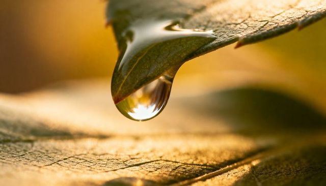 Macro dewdrop magnifying golden leaf veins on green leaf tip in warm morning light