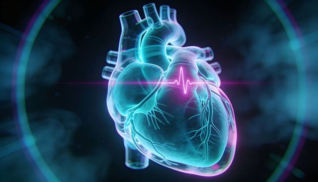 Pulsing Neon Holographic Heart with Glowing Vessels and Magenta ECG Waveform