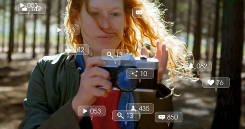 Photographer Takes Photo with Vintage Camera Social Media Concept