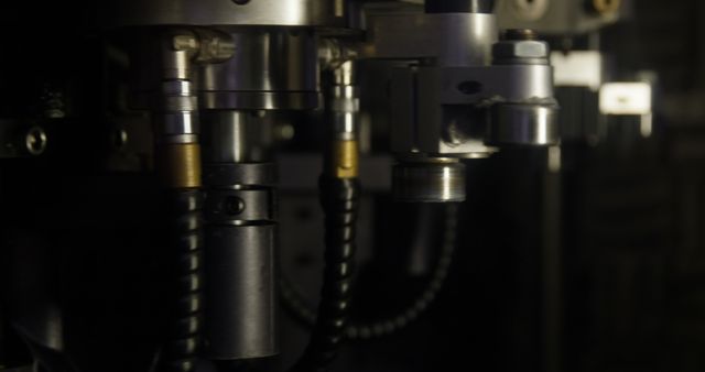 Close-up view of an industrial machine showing metal components and tubing. Ideal for use in articles about engineering, manufacturing, precision machinery, and industrial technology.