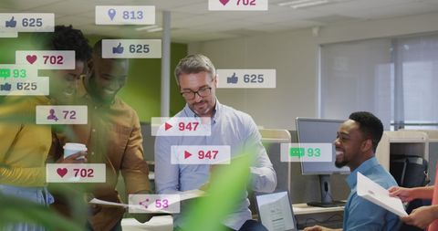 Office team engaging with social media notifications interface