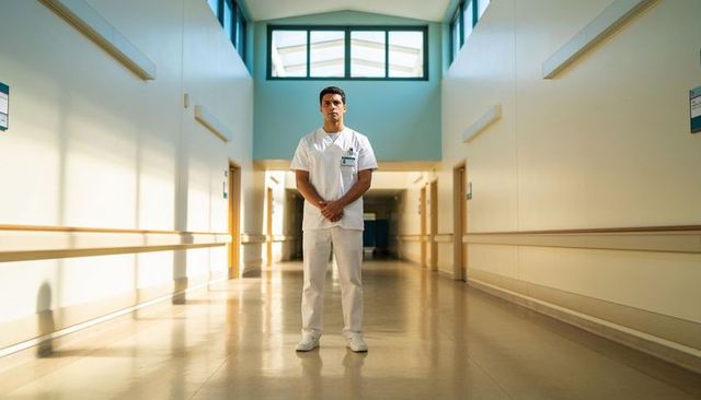 Male nurse standing in sunlit hospital corridor wearing white scrubs and id badge