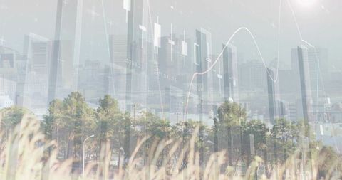 Financial Charts Overlay on Urban Field Blending Nature and Technology