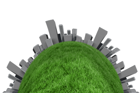 Transparent cityscape with green lawn emerging from transparent surface