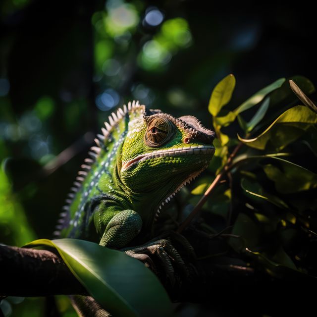 Close-Up of Vibrant Chameleon Perched on Branch in Lush Jungle - Download Free Stock Images Pikwizard.com