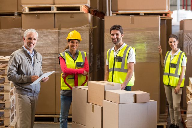 Portrait of warehouse manager and workers preparing a shipment in warehouse