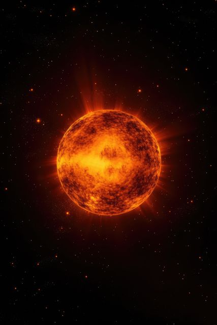 Bright glowing sun centered against a background of stars and cosmic entities. Uses include astronomy presentations, science education materials, space-themed designs, and sci-fi projects.