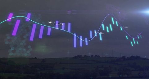 Neon financial chart overlay tracking market trends over rural horizon at dusk