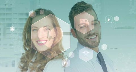 Healthcare duo presenting futuristic hex medical hud with ecg and caduceus