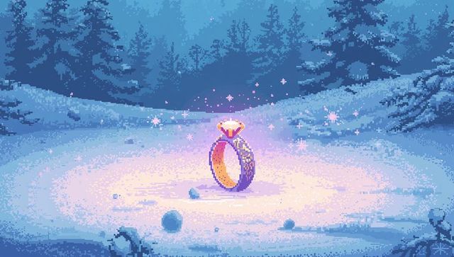Glowing ornate ring standing in snowy pixel art forest clearing emitting sparkles