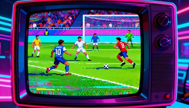 Retro crt tv playing pixel soccer match with neon arcade aesthetic and glitch art