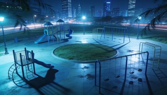 Blue neon playground circling round lawn under city lights, wet reflections night