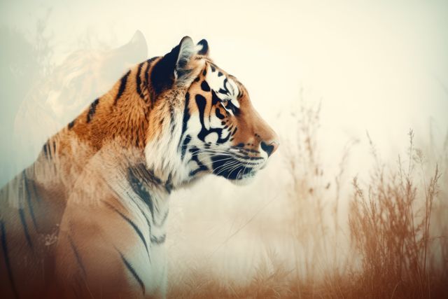 Majestic Bengal tiger is sitting attentively amid sunlit grassland with a dreamy overlay effect, showcasing the tiger's distinctive striped pattern. The light, airy colors in the background, combined with the tiger's resolute gaze, create a striking display of wildlife beauty. Ideal for use in projects focused on wildlife conservation, nature documentaries, educational materials, and environmental awareness campaigns.