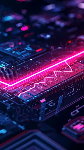 Neon Circuitry Tracing Pulsing Line Graph Across Futuristic Data Chips Vertical Tech Video