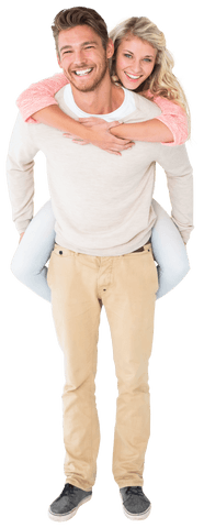 Smiling couple enjoying playful piggyback with transparent background