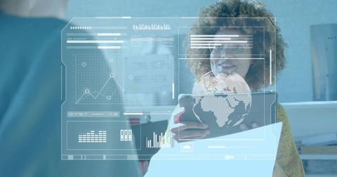 Female professional holding smartphone viewing holographic global analytics dashboard