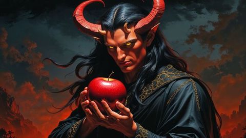 Satan with red apple in mystical gothic scenery