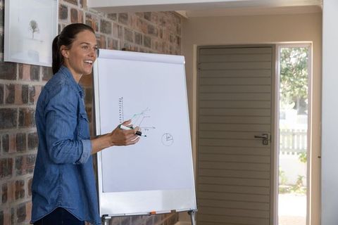 Businesswoman presenting graphs to team, corporate training workshop