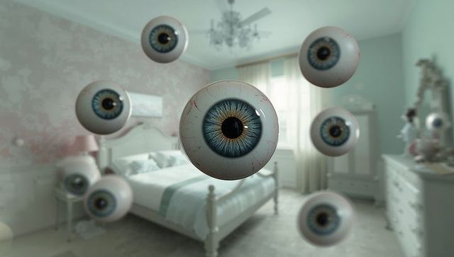 Surreal Floating Eyeballs in Dreamy Bedroom Interior