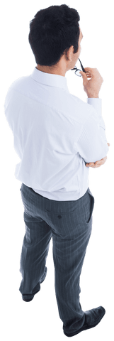 Transparent Biracial Businessman Holding Glasses Thoughtfully