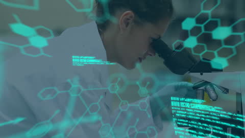 Scientist Analyzing Data with Chemical Formulas Overlay