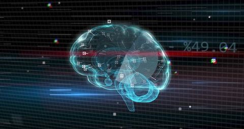 Holographic 3D Brain Wireframe Showing Neural Nodes and Data Network HUD Interface