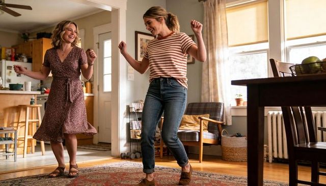 Two women dancing joyfully on rug in sunlit living room, cozy home togetherness