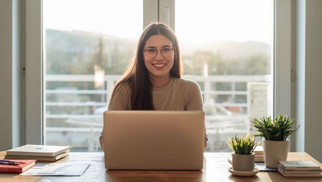 Smiling woman working on laptop in sunlit minimalist home office with plants and notebooks