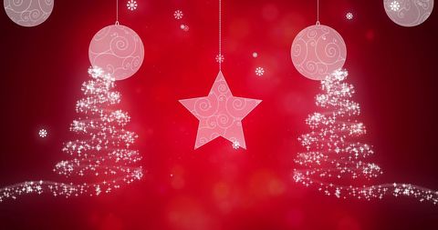 Festive Christmas Tree Decorations on Red Background