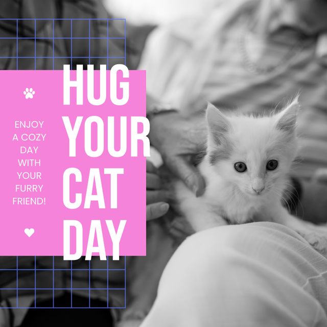 This heartwarming image captures a senior woman holding her fluffy pet cat, celebrating Hug Your Cat Day. Ideal for promoting pet adoption campaigns, elderly care with pets, and social media posts emphasizing human-animal bonds. The blend of black and white with pink highlights creates a modern look, perfect for greeting cards, promotional banners, and awareness campaigns.