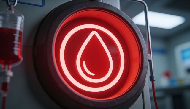 Glowing red droplet alert backlit indicator on medical device with iv tubing in clinical lab