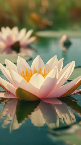 Panning vertical video capturing pale pink water lily floating on sunlit pond with bokeh