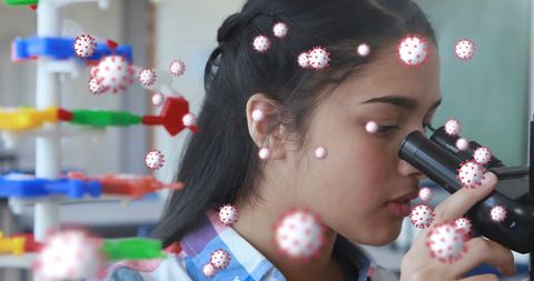Scientist observing microorganisms with microscope for covid-19 research