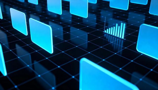 Displaying Holographic Data Grid with Floating Cyan Tiles and Rising Bar Chart