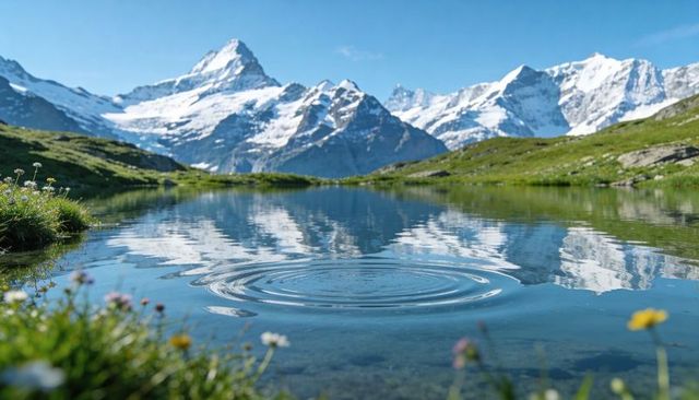 Alpine tarn reflecting snow-capped peaks with concentric ripples in wildflower meadow
