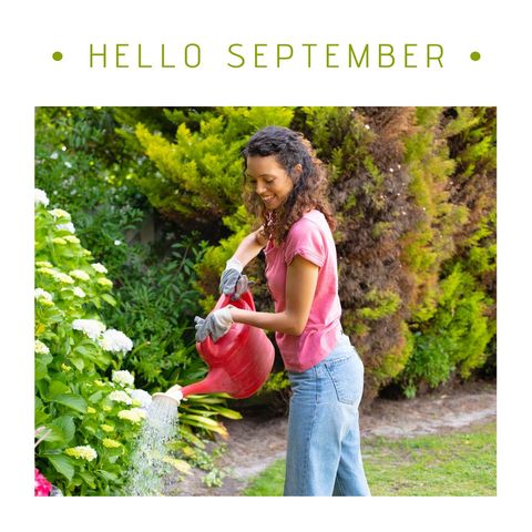 Smiling Woman Enjoying Gardening in Lush September Garden