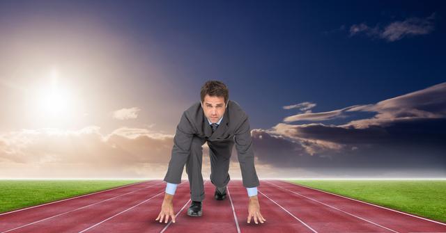 Young businessman in a suit crouching in starting position on an athletic track with dramatic sunset sky in background. Use for themes related to career development, business goals, motivation, perseverance, and achieving success. Ideal for corporate seminars, motivational posters, career coaching, and articles on business competitiveness.