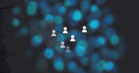 Connecting global teams with clustered user icons over digital world map and blue bokeh
