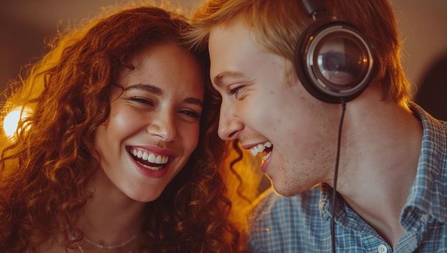 Laughing Couple Enjoys Music Together in Cozy Indoor Ambiance