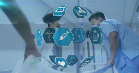 Diverse Medical Team in Emergency Environment with Scientific Icon Overlay