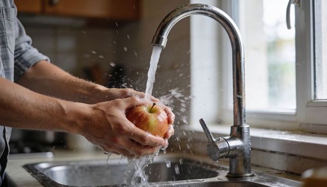 Hands rinsing apple under running kitchen faucet sunlit stainless sink close-up