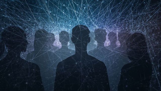 Silhouetted crowd connected by digital network lines and glowing neural nodes