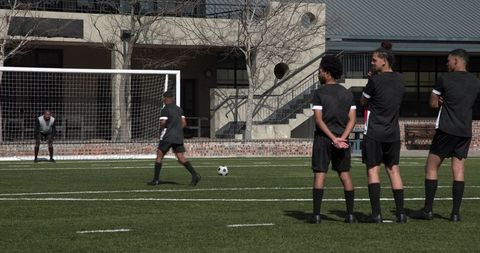 Soccer players strategizing planning approach to goal