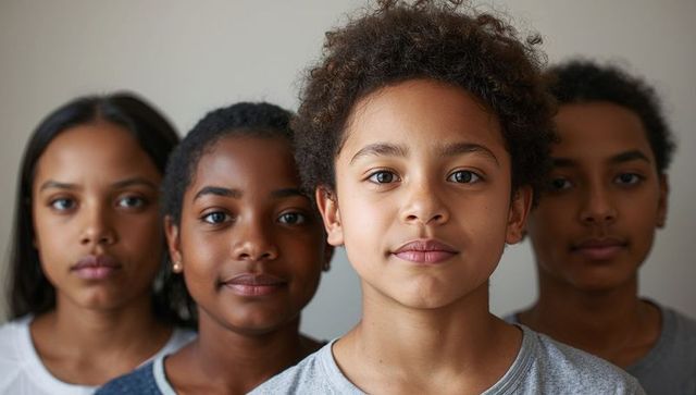 Standing confident multicultural preteen quartet looking at camera minimal studio portrait