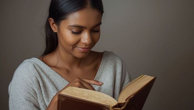 Woman Tracing Text of Vintage Book with Serene Smile
