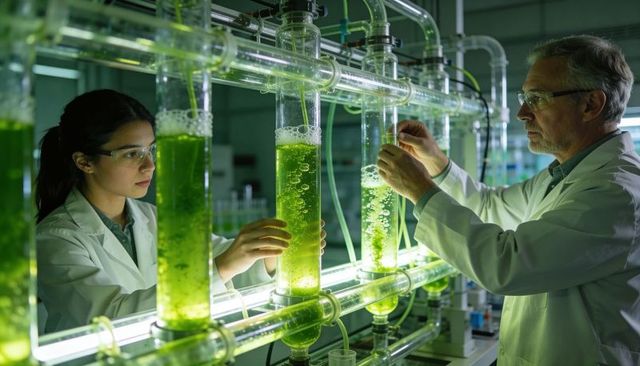 Researchers adjusting algae photobioreactor columns in high-tech laboratory