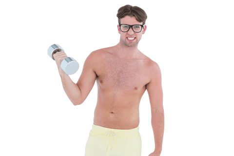 Geeky hipster weightlifting with dumbbell on transparent background